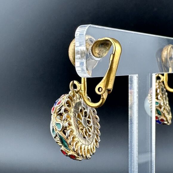 Vintage Clip-on Earrings Vermeil Gold Over Silver Cloisonne White Nephrite Jade - Picture 9 of 12